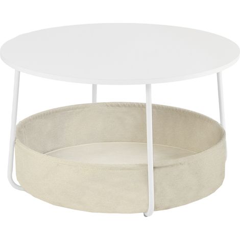FurnitureR Runder Couchtisch mit Stauraum, hochglänzender weißer Beistelltisch für das Wohnzimmer mit Stoffkorb, D7575H45,5 cm (1/5)