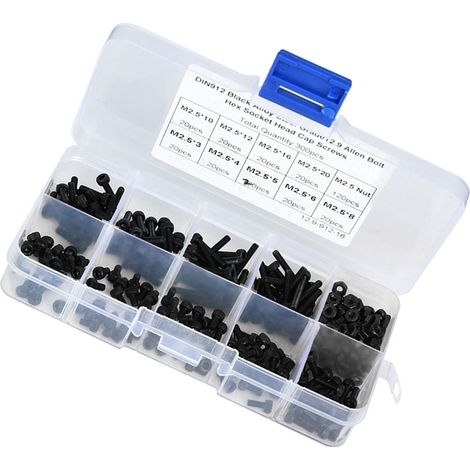 300 vis à tête hexagonale creuse M2,5 x 3-20 mm en acier allié noir de classe 12.9 avec écrou (1/5)