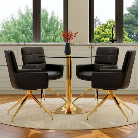 Set tavolo e sedie da pranzo rotondo 85x76 cm, piano in vetro temperato, girevole, vetro e metallo, nero oro trasparente (1/5)