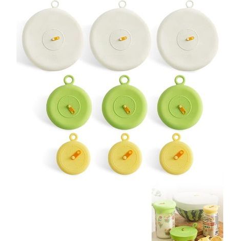 Set di 9 coperchi in silicone alimentare, elastici, a tenuta stagna, resistenti al calore e lavabili in lavastoviglie, per ciotole e barattoli. (1/5)