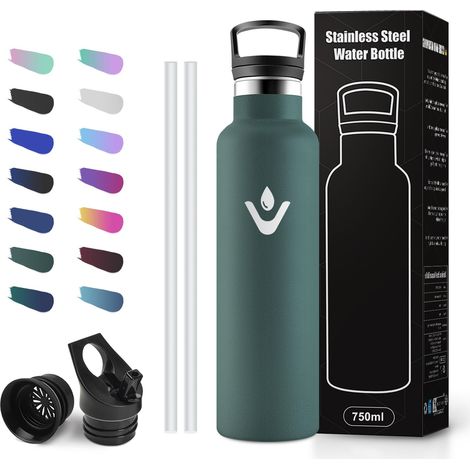 Gourde Inox 750ml, Bouteille d'Eau en Acier Inoxydable, Gourde Sport avec Paille, Sans BPA, Anti-Fuite, Réutilisable, Bouteille Isotherme pour Bureau, Camping, Travail, Voyage et Randonnée (1/5)