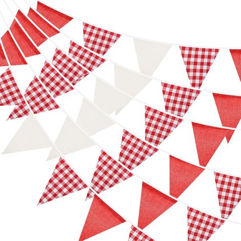 Guirlande Fanions - 36 Pièces - Coton Et Lin - Motif Damier Rouge Blanc - Décoration Jardin Mariage Pique-nique - 10m (1/5)