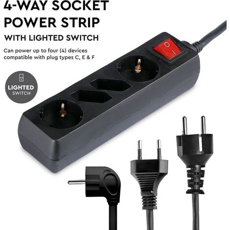 V-TAC Multipresa con Cavo 1,5m 4 Prese 2 10A 2P + Schuko 2 10A e Interruttore Luminoso Spina Schuko Colore Nero (1/5)