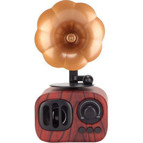 Enceinte Bluetooth rétro en forme de trompette, basse puissante, style bois, portable, stéréo, couleur bois foncé, idéale pour la maison. (1/5)
