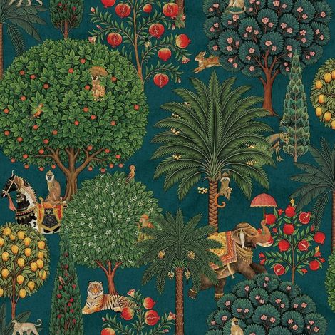 Mangrove Forest Wallpaper Holden Teal Green Trees Monkeys Elephants 10m Roll (1/4)
