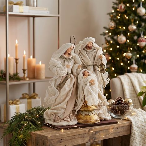 Sacra famiglia con base per presepe vestiti in resina e garza color champagne h 38 cm (1/3)
