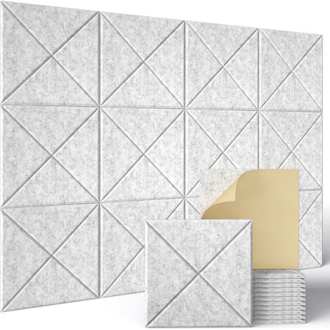 AUTRUCKER Lot de 12 panneaux d'isolation acoustique en fibre de polyester, panneaux muraux décoratifs absorbant le son, panneaux adhésifs absorbant le son, gris clair, 30 cm x 30 cm (1/4)