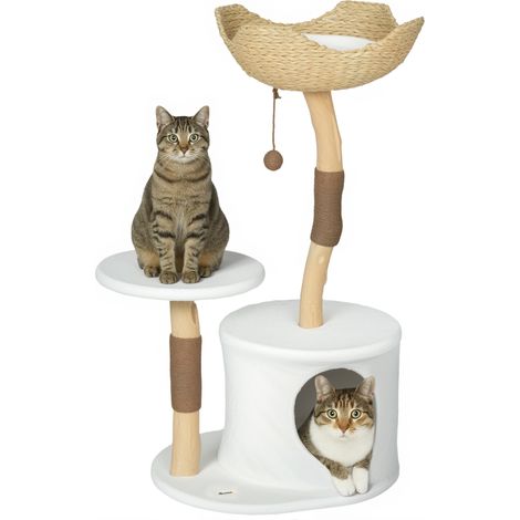 Arbre à chat, tour de jeu, griffoir, plateforme, couchage, niche, coussin doux et lavable, 55 x 45 x 102 cm, blanc