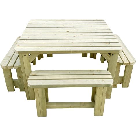 120cm x 115cm Picnic table and 4x benches set , natural (light-green), Quadrum rounded edges