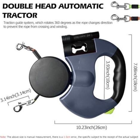 Laisse double pour chien - Extensible - 300 cm - Rétractable - Double laisse pour 2 chiens - Avec lumière - Poignée ergonomique - Laisse rétractable - Réfléchissante la nuit, bleu (1/4)