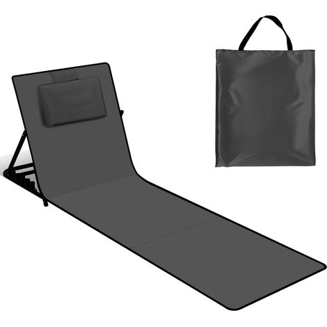 Randaco Strandmatte mit Rückenlehne Gepolstert klappbar UV-beständig Tasche Reißverschluss Kissen Tragegurt Garten Camping Picknick Liegematte 158 x 55cm, Dunkelgrau