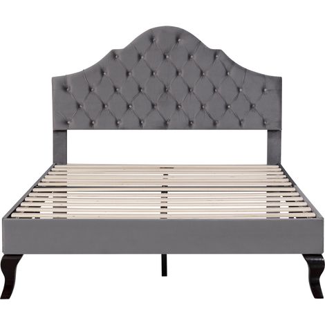Cama tapizada 140 x 200 cm de terciopelo gris con somier de lamas y cabecero ajustable (1/5)