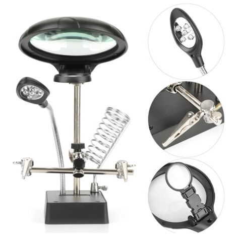 Helping Hand – support de pince pour loupe noire, éclairage LED 2,5x/7,5x/10x