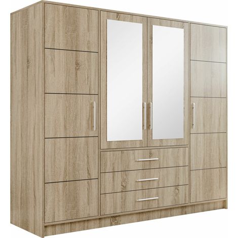 Mobilier1 – Armoire Dortivu 113 – 200x196x58cm – 4 portes à charnières – 8 étagères en stratifié chêne Sonoma – Miroir intégré pratique