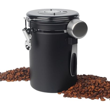 Bote para café - 1,8 L - Hermético - Acero inoxidable - Indicador de fecha - Incluye cuchara medidora - Para granos de café, té y frutos secos (1/5)