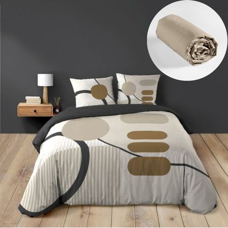 Pack Parure de couette 240 x 220 cm – Coton 42 fils – SANTANA + Drap Housse 140x190 cm Beige