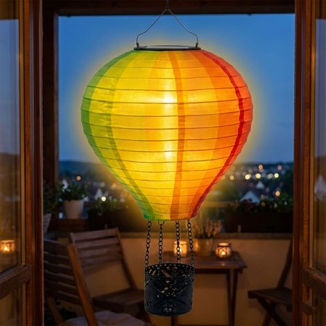 Solar Heißluftballon aus Nylon bunt zum Hängen klein - 45 cm - LED Garten Lichtspiel mit Flammen Effekt