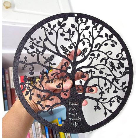 Décoration murale Arbre de Vie en métal de 28 cm, arbre généalogique avec oiseaux sur les branches, à suspendre au mur pour balcon, terrasse, porche, chambre, salon ou jardin. (1/4)