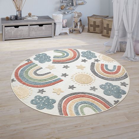 Paco Home Kinderteppich Kinderzimmer Outdoorteppich Spielteppich 3D Regenbogen Motiv Beige Ø 200 cm Rund
