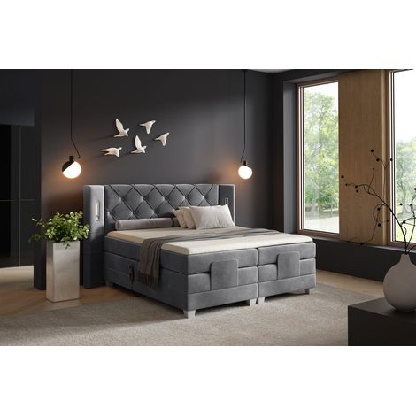 Boxspringbett Elektrisch Bett STEVE 200x200cm in Stoff Fresh Dunkelgrau (1/5)