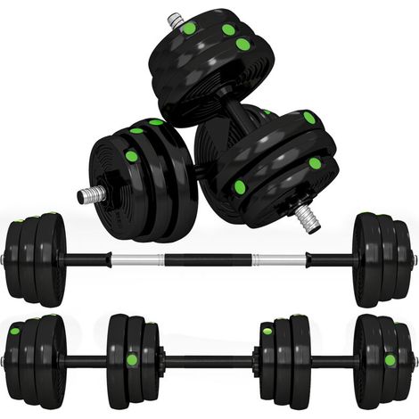 Ensemble d'haltères 2 en 1 (barre et haltères), 25 kg, antidérapant, respectueux des sols, noir/vert