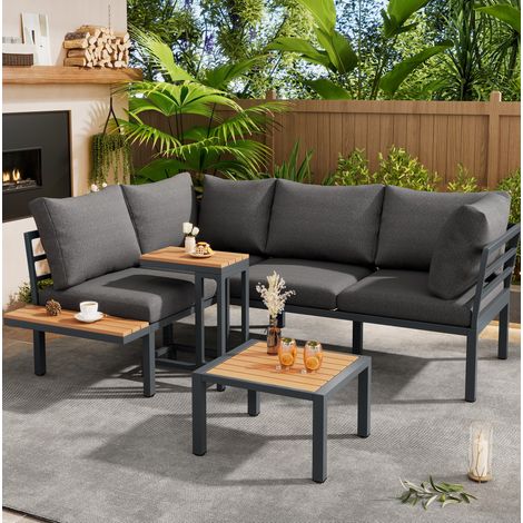 Salón de jardín de esquina 3 piezas con mesa convertible en puf, acero galvanizado, gris/negro (1/5)