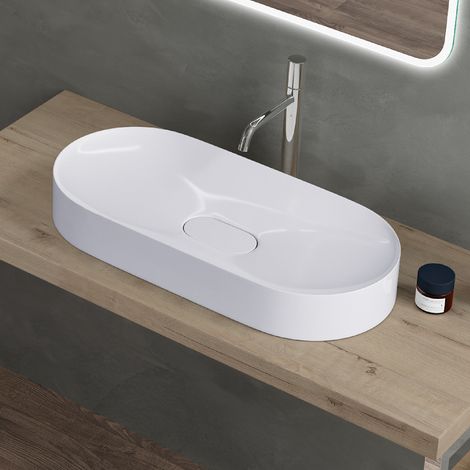 doporro Lavabo da Appoggio Lavandino Bagno con Angoli Arrotondati in Marmoresina Bianco Lucido 70x35,5x10 cm Colossum826 (1/5)