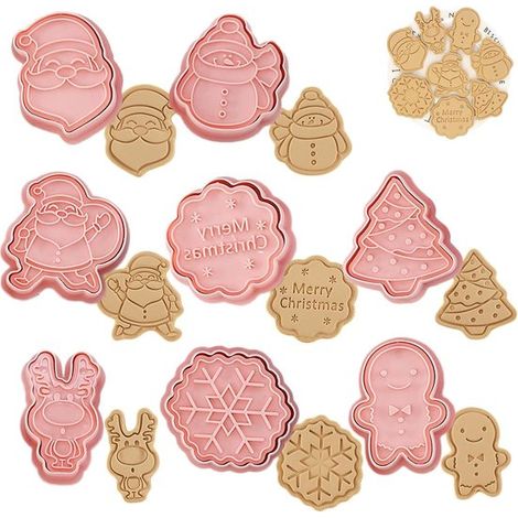 Stampi per biscotti per bambini, tagliabiscotti natalizi, 8 pezzi, tagliabiscotti a forma di cartone animato, set da cucina in plastica 3D a forma di Natale, decorazione di torte e fondente. (1/5)