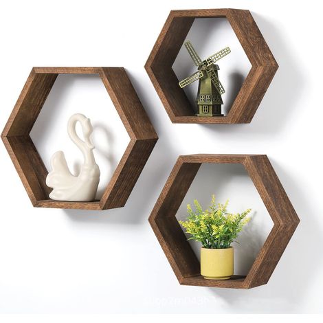 Étagère hexagonale, étagère murale flottante, étagère murale décorative en nid d'abeille (bois), convient aux salles de bains, cuisines, salons, bureaux, etc ensemble de 3 pièces (1/2)