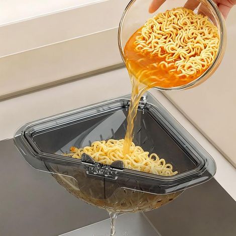 Sieb für Spülbecken Magnetisch dreiecks, Abtropfkorb für Spülbecken mit Haken, Spülbeckens Sieb mit Filterfunktion und Abtropffläche, Magnetischer Siebkorb für Spüle Ecke, 3-in-1 Abtropfsieb (1/5)