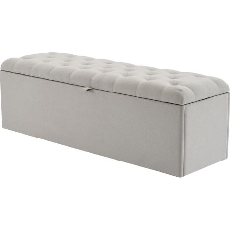 Banc rembourré en lin, 141 x 41,5 x 47 cm (L x l x H), assise rembourrée, tabouret de lit, banc avec espace de rangement, gris clair (1/5)