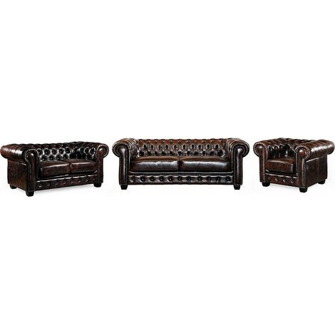 Divano chesterfield 3+2+1 posti 100% pelle di bufalo Marrone riflessi castani - BRENTON