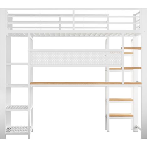 Letto a soppalco in metallo 90 x 200 cm bianco con scrivania, LED e prese CEE (1/5)