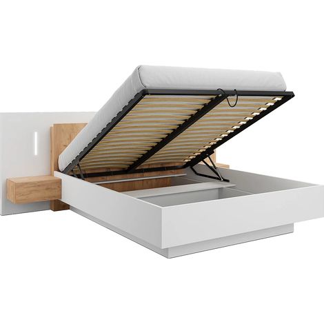 Letto con contenitore con comodini - 2 cassetti - con LED - 160 x 200 cm - Bianco e Naturale - FRANCOLI