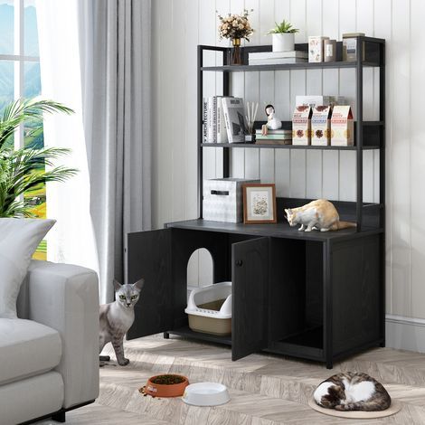 AS EASY Large Cat Litter Box Enclosure with Storage Shelf, Hidden Cat Washroom Furniture, Wooden Cat House with Scratch Pad, Sturdy Indoor Pet Cabinet with 2 Doors for Odor Control, Black (1/4)