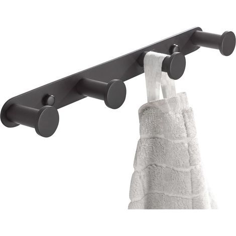 Pratique Patère Murale avec 4 Crochets en Acier Inoxydable Porte Manteau Porte-Serviette Chapeau Finition Noire Matte Set d’Accessoire Toilettes Salle de Bain (1/5)