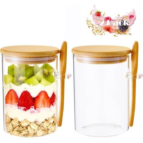 Lot de 2 bocaux en verre pour le porridge du lendemain, avec couvercles en bambou et cuillères - Récipients hermétiques et étanches pour les céréales, les yaourts et le pudding de chia (1/5)