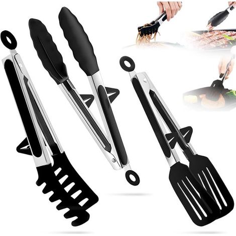 Pinzas de cocina de 3 piezas con accesorio inoxidable y p，pinzas de cocina de acero inoxidable resistentes al calor，3 piezas，silicona，negro，acero (1/5)