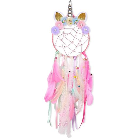 Attrape-rêves licorne pour fille, grand attrape-rêves, accessoires pour chambre d'enfant, fait main, fleurs en plumes colorées, décoration murale rose béni (1/5)