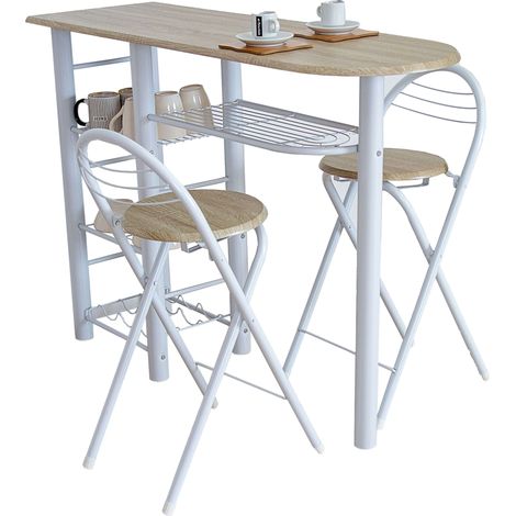 Mesa Alta de Cocina Office Estilo Nórdico en Blanco y Madera Clara con 2 Taburetes Plegables 40x88x120 cm (1/5)