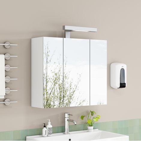 Meuble miroir de salle de bain 60 cm, 3 portes, LED, prise française, blanc, MDF et verre (1/5)