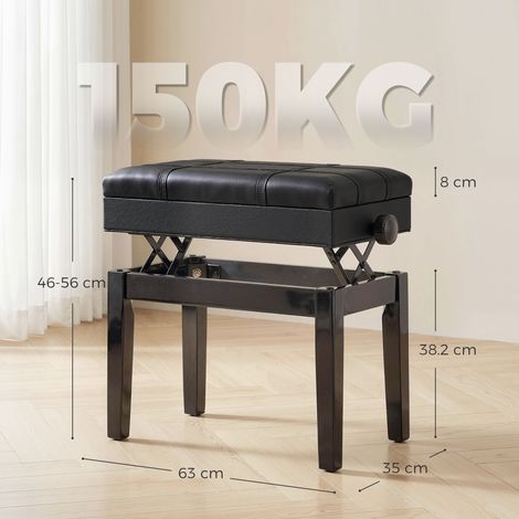 Tabouret de piano réglable en hauteur avec rangement (bois et similicuir, 63x35x46-56cm, noir) (1/5)