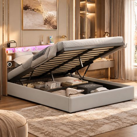 Lit coffre 160×200cm,rangement hydraulique,lit double capitonné,lumière LED,tête de lit rangement,sommier à lattes,PU,Blanc et bois (1/5)