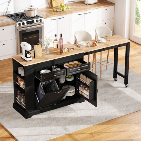 Isola da cucina su ruote estensibile 112-180 x 45 x 92 cm, Nero/Naturale HAVRYA (1/5)