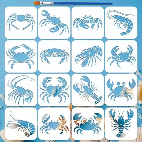 16 Pcs Pochoirs de Peinture Crabes avec Pinceau 15x15cm Pochoirs de Motif Homard Réutilisables Gabarit d'Animaux Océaniques pour Peinture sur Bois Mur Tissu Meuble DIY Décoration Maison (1/5)