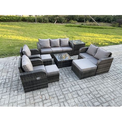 Fimous 10-Sitzer Gartenmöbelset Rattan Garten Sofa im Freien Sessel mit Gehärteter Glastisch 3 Hockern Beistelltisch Dunkelgrau Gemischt (1/5)