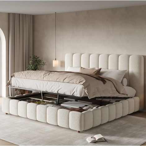 Letto matrimoniale 160x200 cm, contenitore idraulico, testiera imbottita, rivestimento bouclé, bianco (1/5)