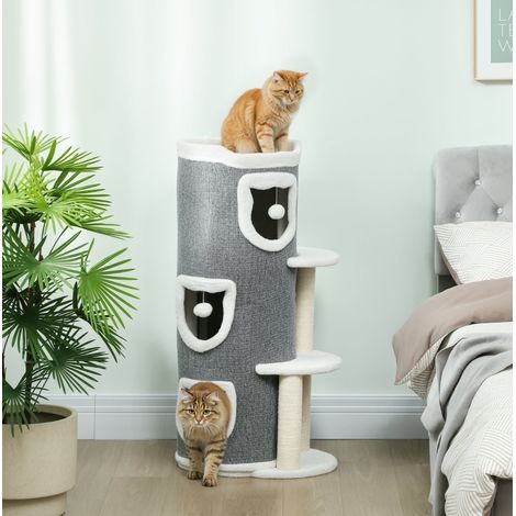 Kratzbaum 101 cm Grau, 3 Ebenen, 3 Höhlen, Hängende Bälle, Sisal (1/5)