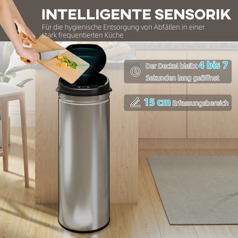 Poubelle 50L avec capteur et fermeture silencieuse, sans contact, en acier inoxydable argenté, idéale pour cuisine et bureau, hygiène maximale. (1/4)