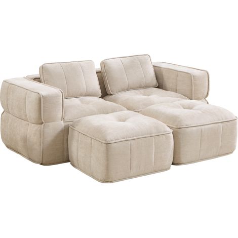 Modulares 2-Sitzer-Sofa mit 2 Hockern, Ohne Rahmen, 32D-Schaum, Tiefer Sitz, Polyester Beige 198 x 162 x 67 cm (1/5)
